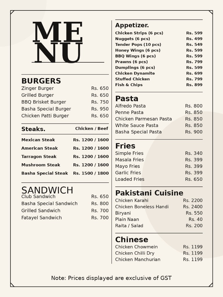 Basha Cafe Menu Page 1